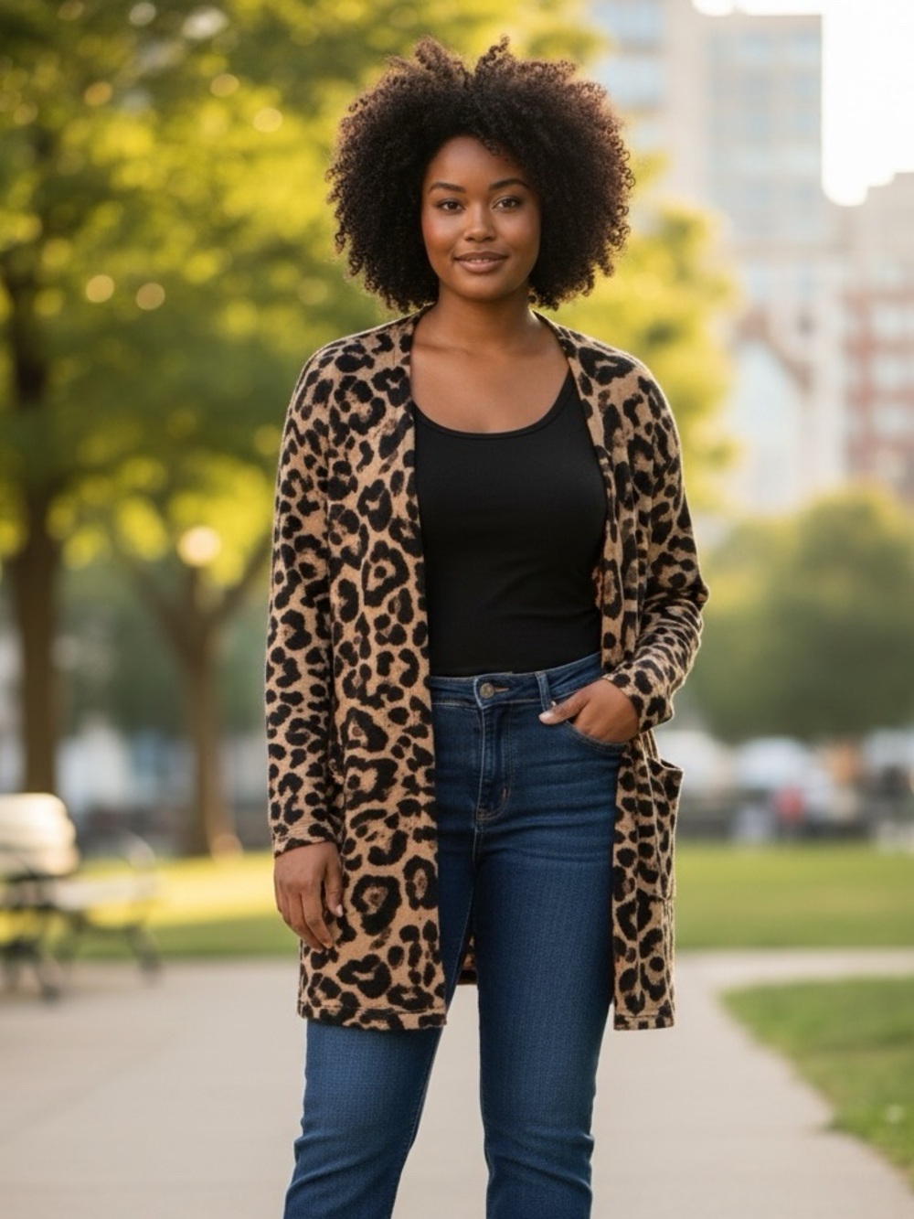 Long Leopard Print Open knit Cardigan Size L
